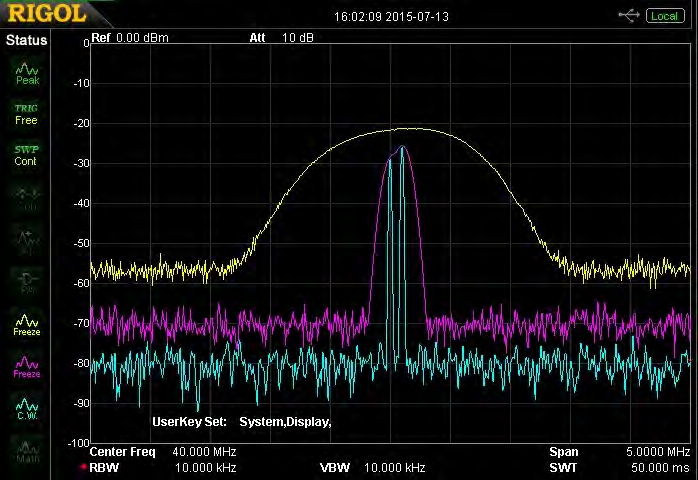 그림 3-16. 두 입력 신호를 RBW 1 MHz(노랑), 100 kHz(보라), 10 kHz(파랑)로 스캔한 결과